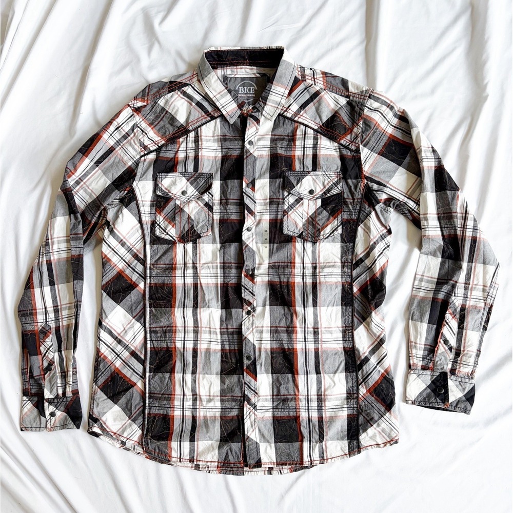 Buckle BKE Shirt Men's XL Pearl Snap Western Gray White Orange Plaid